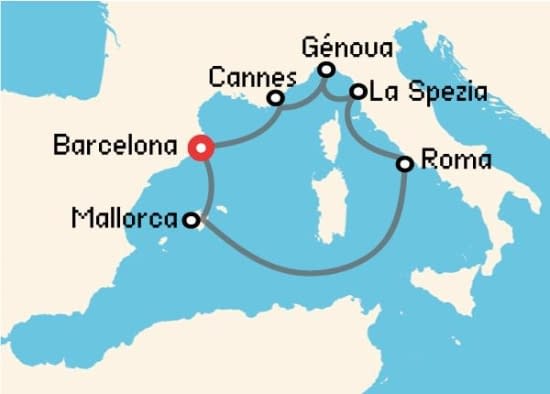 Itinerario del Crucero Mediterráneo desde Barcelona MSC Cruceros