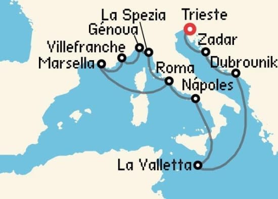 Itinerario del Crucero Mediterráneo desde Trieste Cunard