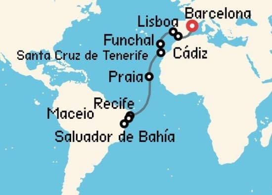 Itinerario del Crucero Transatlánticos desde Barcelona Costa Cruceros