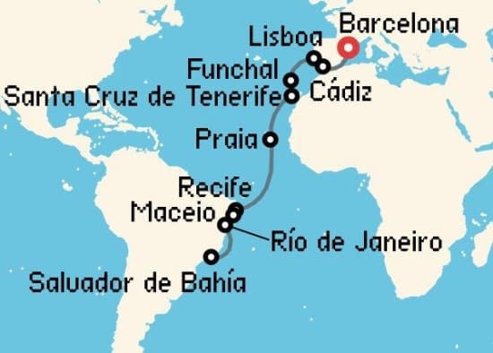 Itinerario del Crucero Transatlánticos desde Barcelona Costa Cruceros