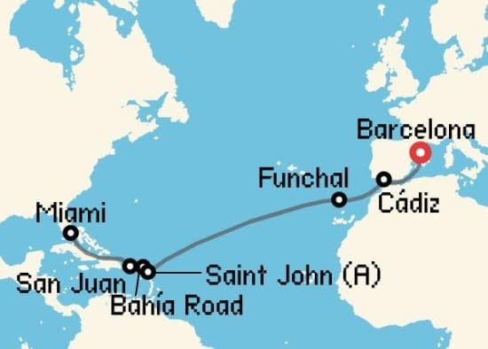 Itinerario del Crucero Transatlánticos desde Barcelona Explora Journeys