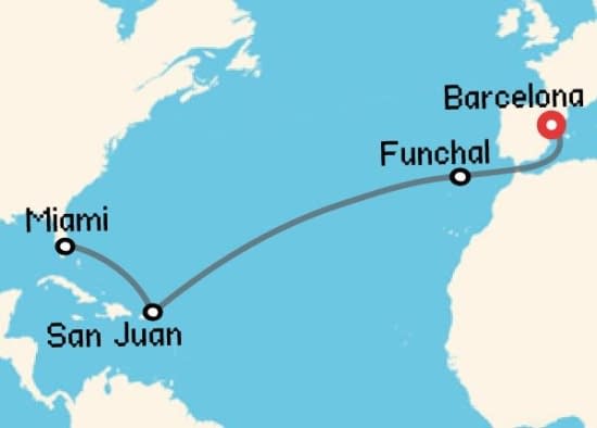 Itinerario del Crucero Transatlánticos desde Barcelona MSC Cruceros