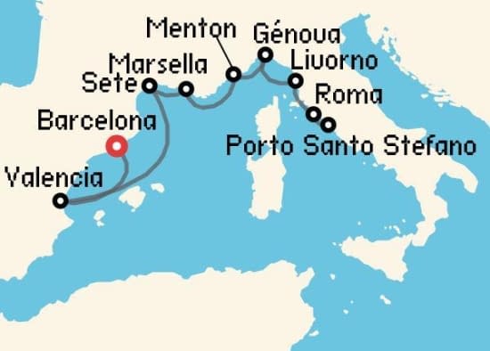 Itinerario del Crucero Mediterráneo desde Barcelona Silversea