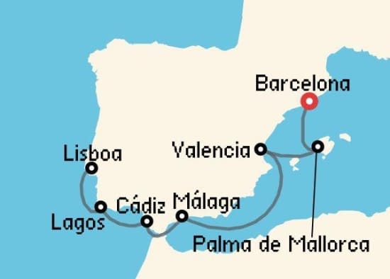 Itinerario del Crucero Mediterráneo desde Barcelona Ponant
