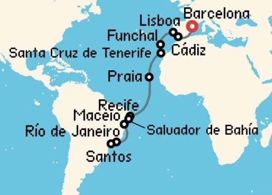 Itinerario del Crucero Transatlánticos desde Barcelona Costa Cruceros