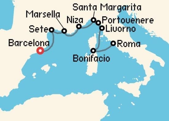 Itinerario del Crucero Mediterráneo desde Barcelona Ponant