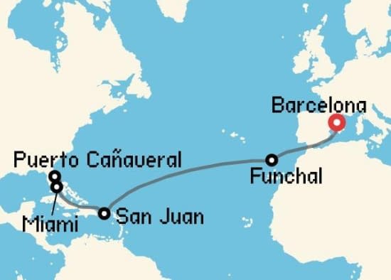 Itinerario del Crucero Transatlánticos desde Barcelona MSC Cruceros