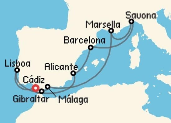 Itinerario del Crucero Mediterráneo desde Cádiz Costa Cruceros