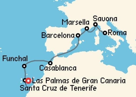 Itinerario del Crucero Mediterráneo desde Las Palmas de Gran Canaria Costa Cruceros