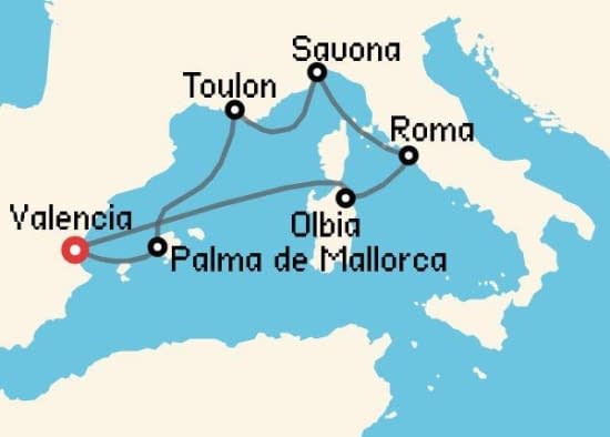 Itinerario del Crucero Mediterráneo desde Valencia Costa Cruceros