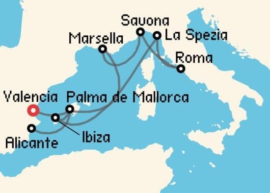 Itinerario del Crucero Mediterráneo desde Valencia Costa Cruceros