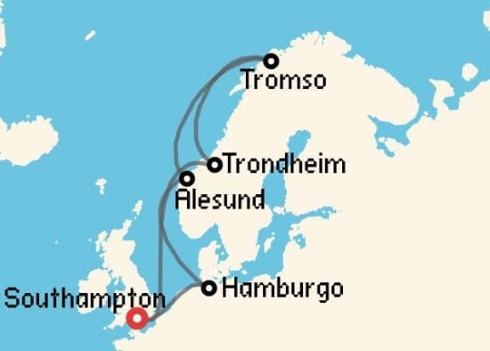 Itinerario del Crucero Fiordos Noruegos desde Southampton Cunard