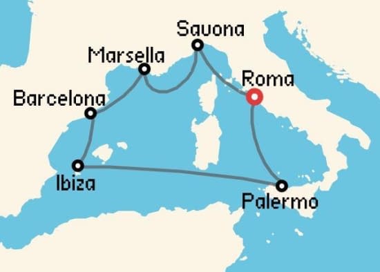 Itinerario del Crucero Mediterráneo desde Roma - Civitavecchia Costa Cruceros