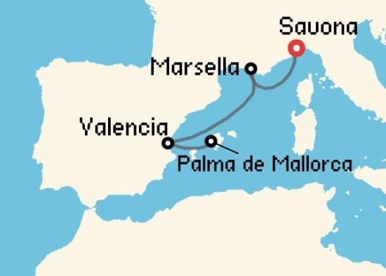 Itinerario del Crucero Mediterráneo desde Savona Costa Cruceros