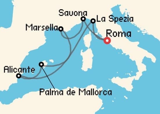 Itinerario del Crucero Mediterráneo desde Roma - Civitavecchia Costa Cruceros
