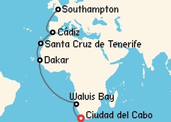 Itinerario del Crucero Transatlánticos desde Ciudad del Cabo Cunard