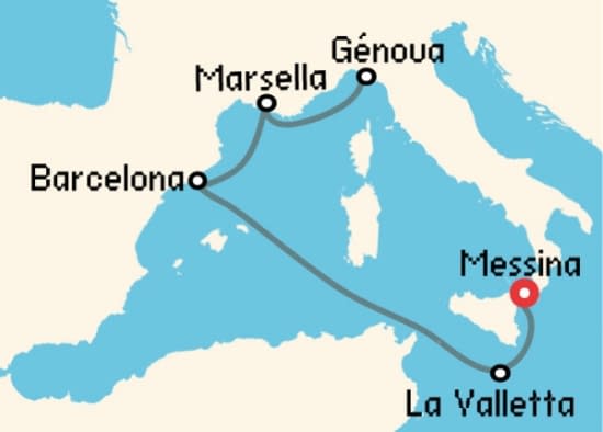 Itinerario del Crucero Mediterráneo desde Messina - Sicilia MSC Cruceros