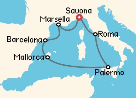 Itinerario del Crucero Mediterráneo desde Savona Costa Cruceros