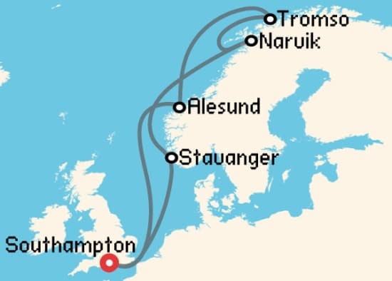Itinerario del Crucero Fiordos Noruegos desde Southampton Cunard