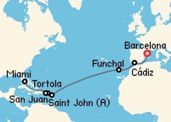 Itinerario del Crucero Transatlánticos desde Barcelona Explora Journeys