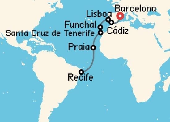 Itinerario del Crucero Transatlánticos desde Barcelona Costa Cruceros