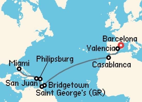 Itinerario del Crucero Transatlánticos desde Barcelona MSC Cruceros