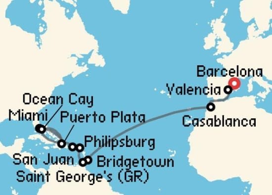Itinerario del Crucero Transatlánticos desde Barcelona MSC Cruceros