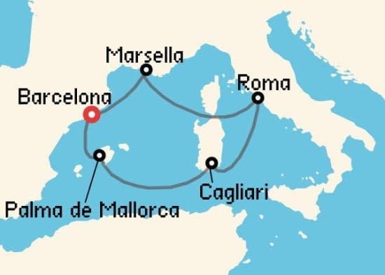 Itinerario del Crucero Mediterráneo desde Barcelona Aida Cruises