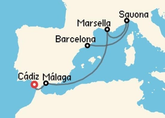 Itinerario del Crucero Mediterráneo desde Cádiz Costa Cruceros