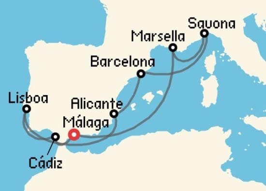Itinerario del Crucero Mediterráneo desde Málaga Costa Cruceros