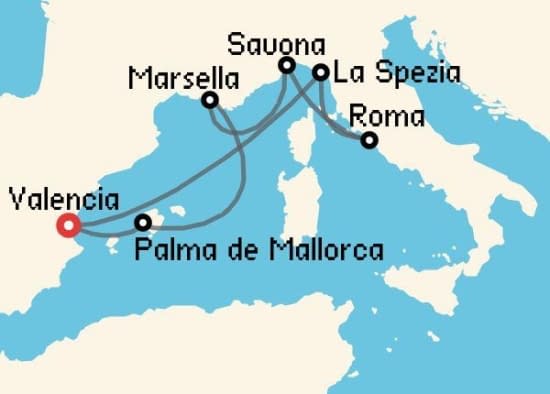 Itinerario del Crucero Mediterráneo desde Valencia Costa Cruceros